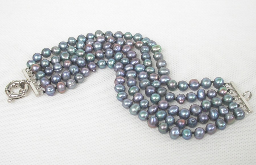 natural 8" 5row 7mm Baroque round peacock black pearl bracelet 18KGP c2129