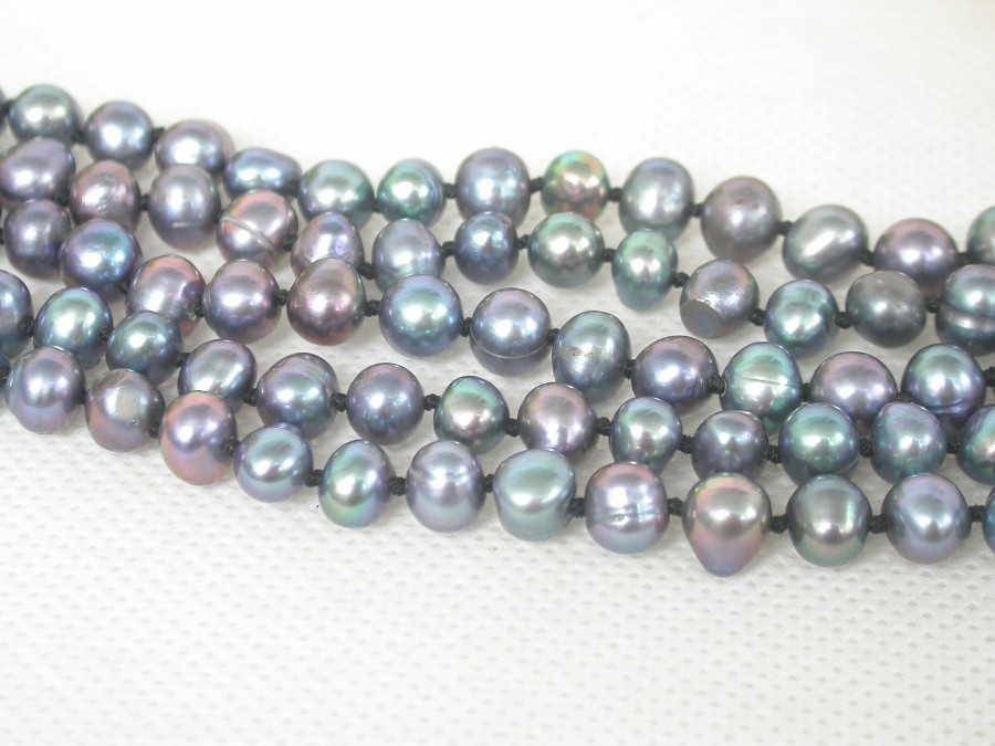 natural 8" 5row 7mm Baroque round peacock black pearl bracelet 18KGP c2129