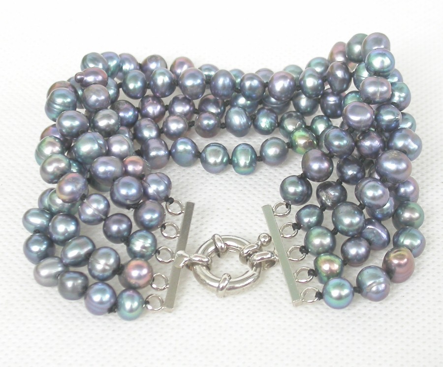 natural 8" 5row 7mm Baroque round peacock black pearl bracelet 18KGP c2129