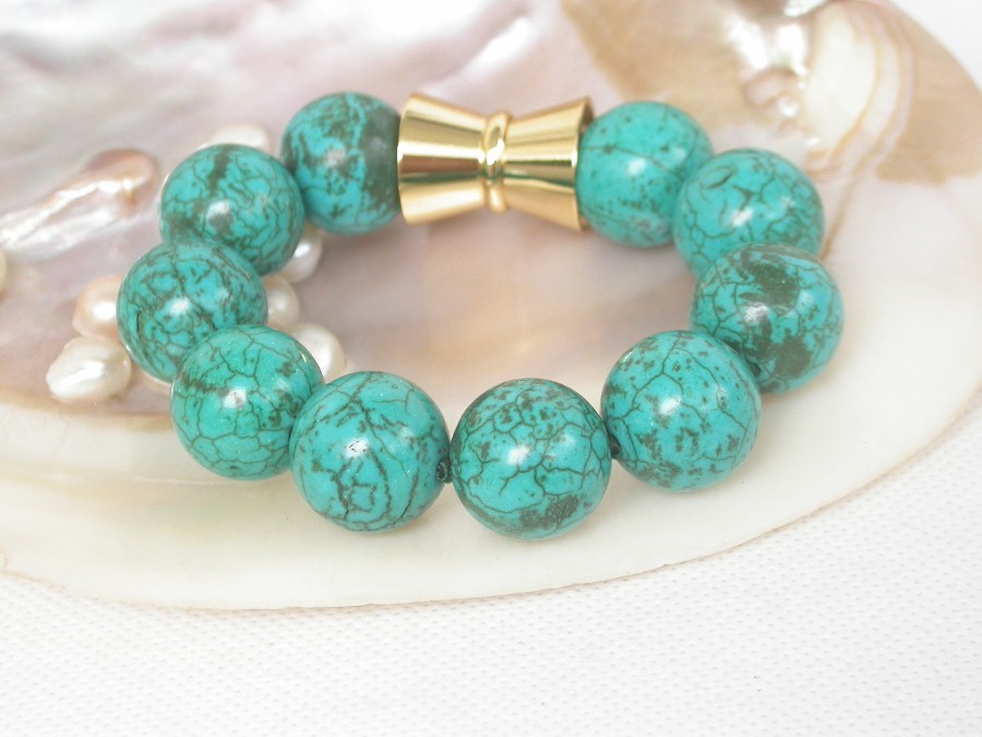 AAA natural 8" 18mm round green turquoise bead bracelet magnet clasp c2131