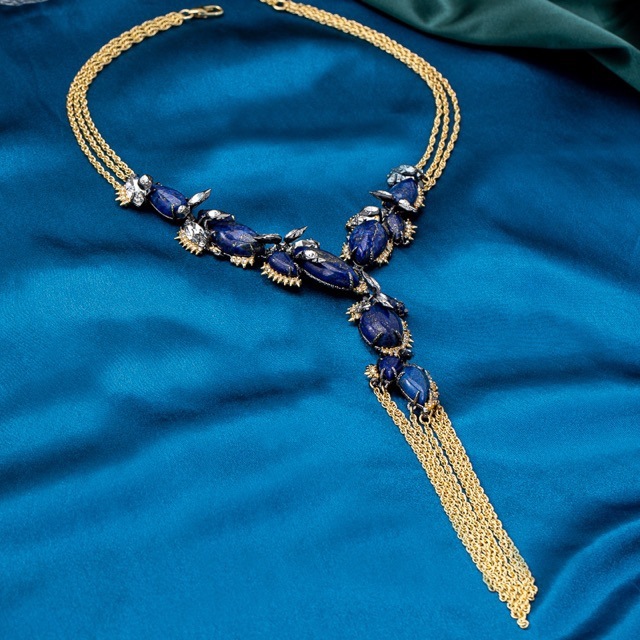 stylish natural baroque blue lapis lazuli zircon necklace filled gold macrame