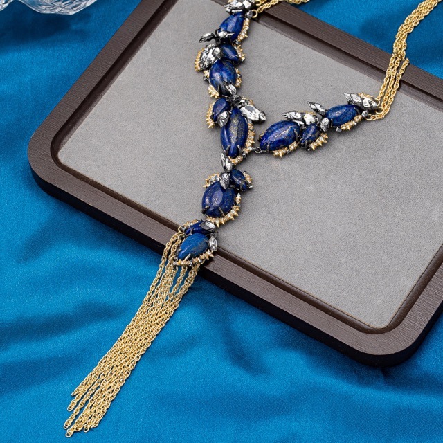 stylish natural baroque blue lapis lazuli zircon necklace filled gold macrame