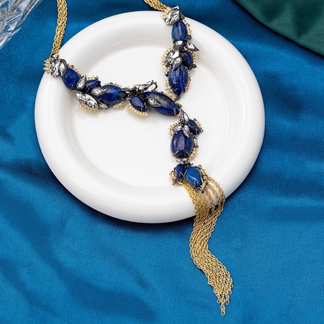 stylish natural baroque blue lapis lazuli zircon necklace filled gold macrame
