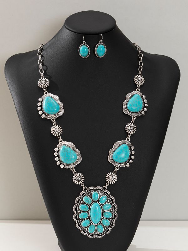 stylish 27-29" natural baroque sky-blue turquoise necklace Earrings c2143