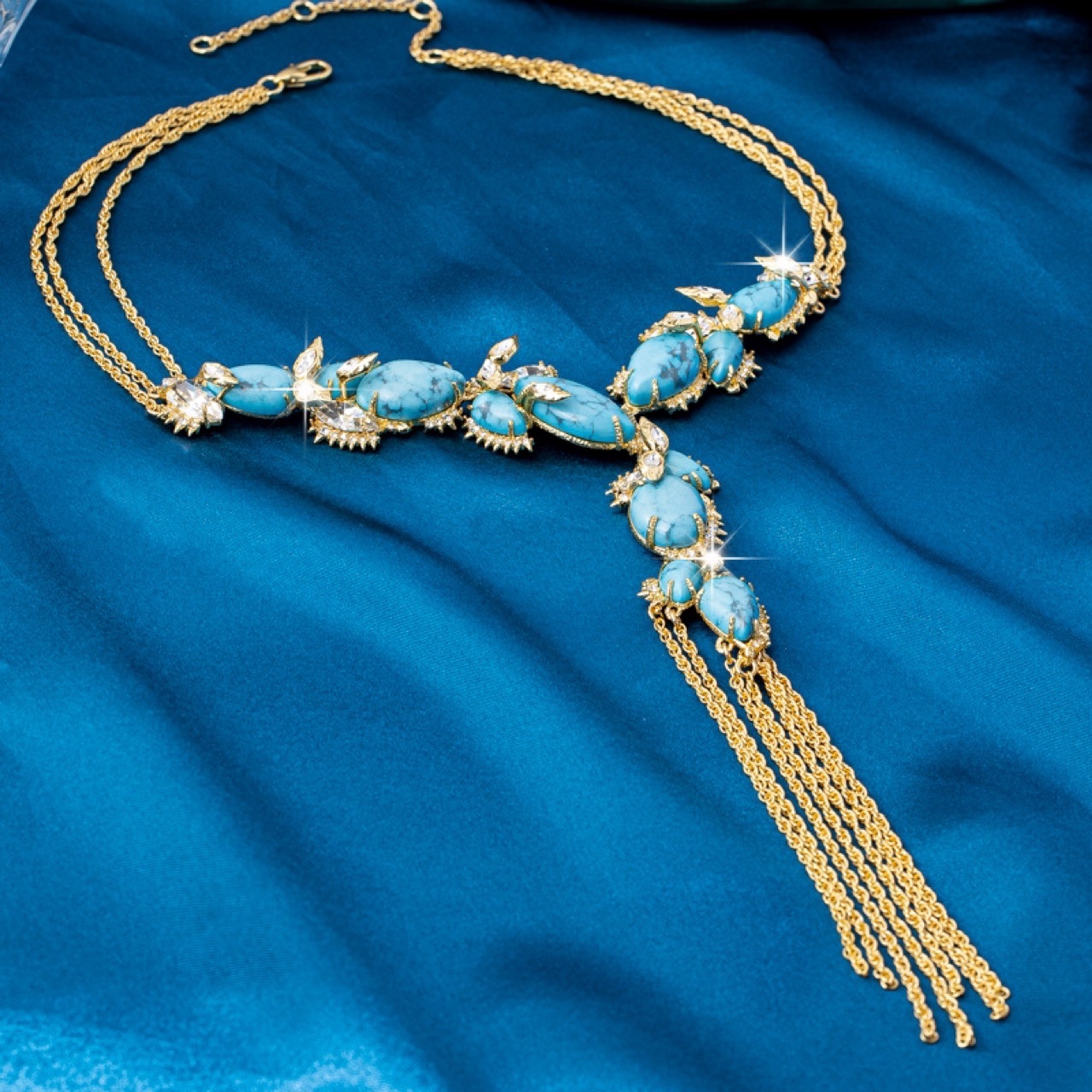 stylish natural baroque sky-blue turquoise zircon necklace filled gold macrame