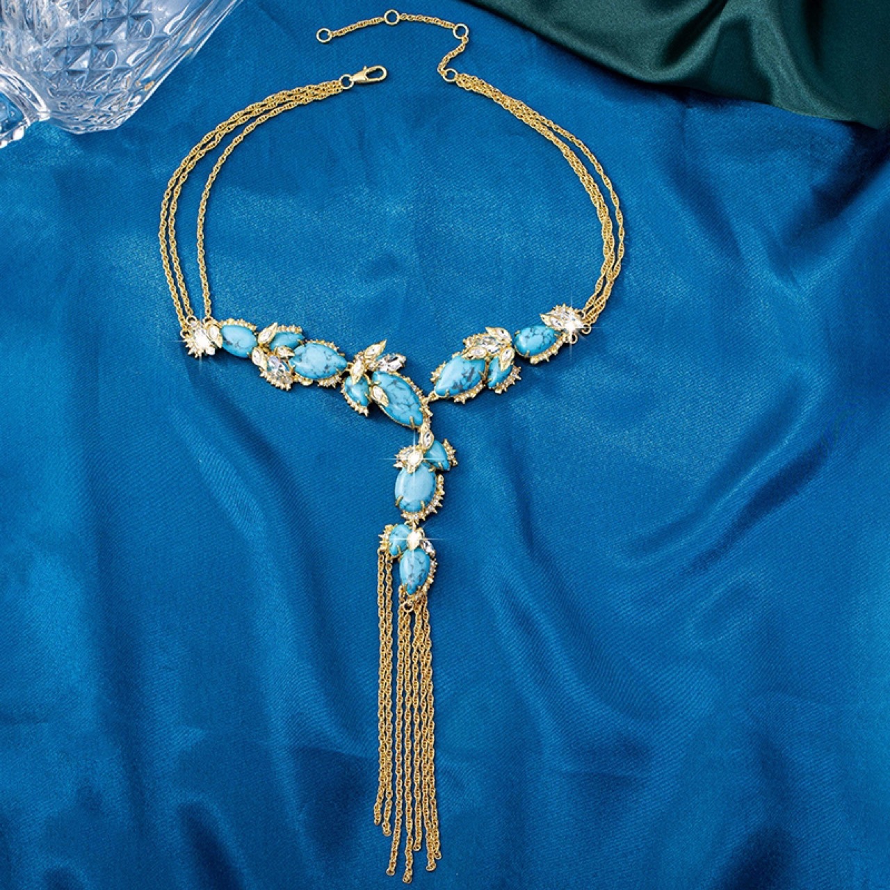 stylish natural baroque sky-blue turquoise zircon necklace filled gold macrame