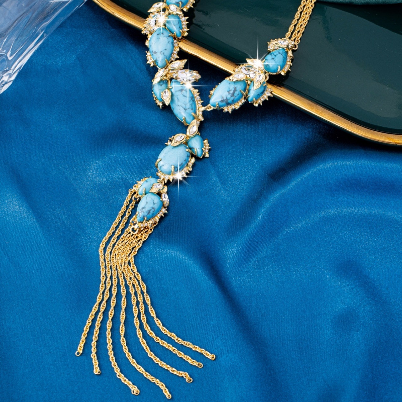 stylish natural baroque sky-blue turquoise zircon necklace filled gold macrame