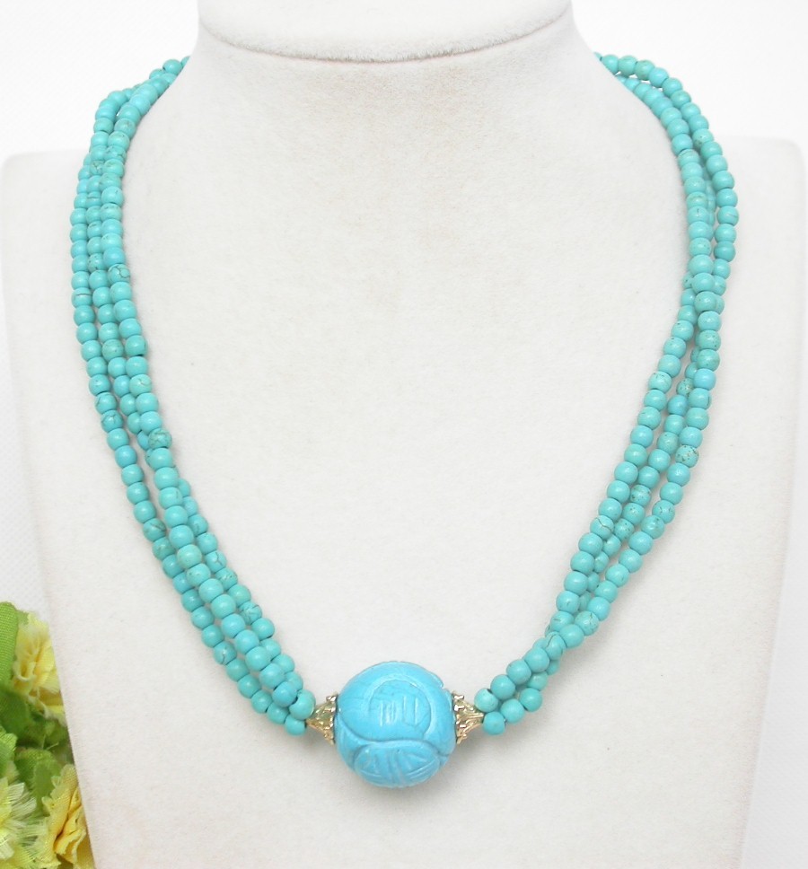 natural adjustable 17" 3row 20mm Baroque round blue turquoise necklace c2154