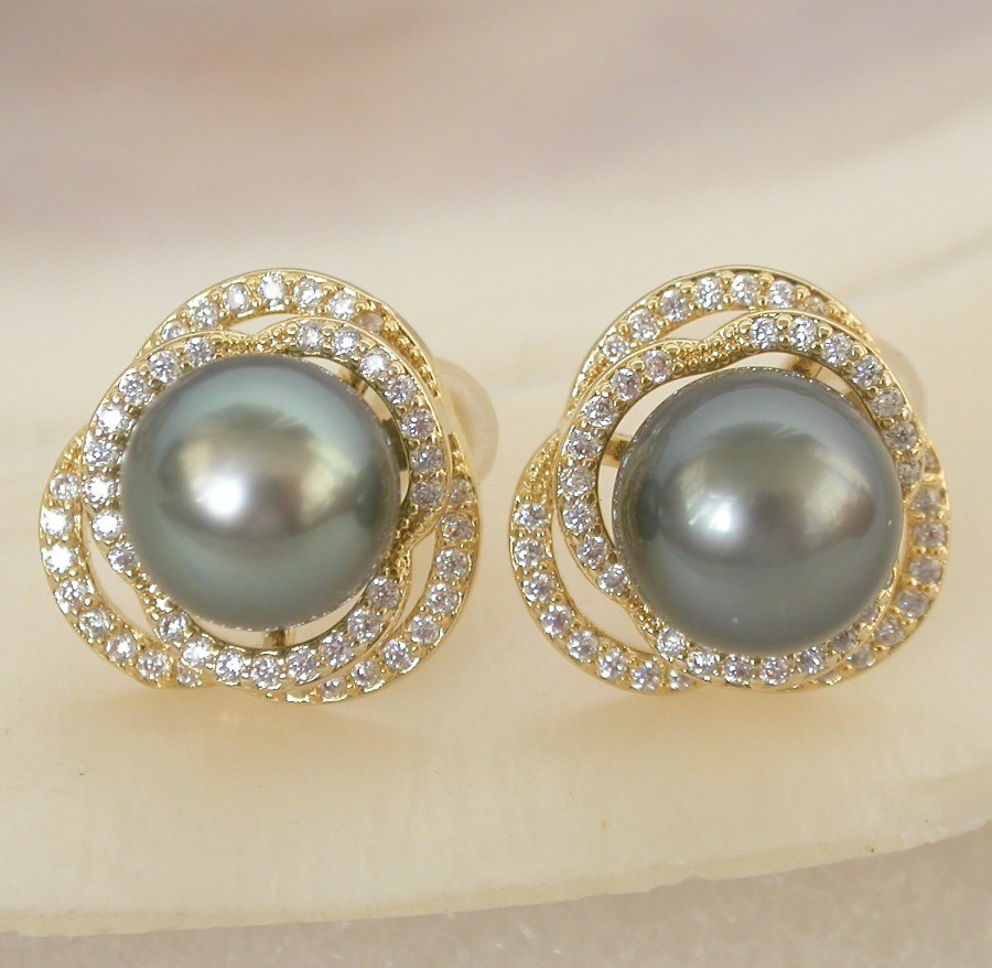 AAA natural Studs 15mm round South Sea black Tahitian pearls Earrings 925sc post c2187
