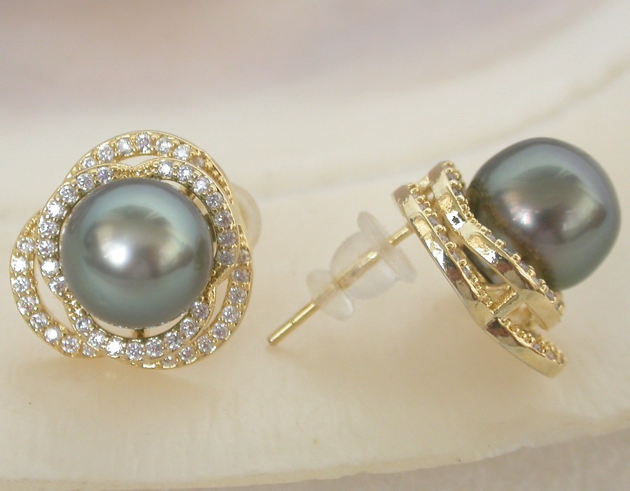 AAA natural Studs 15mm round South Sea black Tahitian pearls Earrings 925sc post c2187