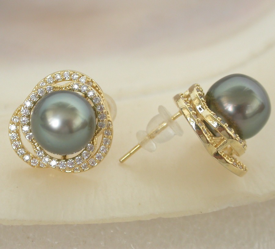 AAA natural Studs 15mm round South Sea black Tahitian pearls Earrings 925sc post c2187