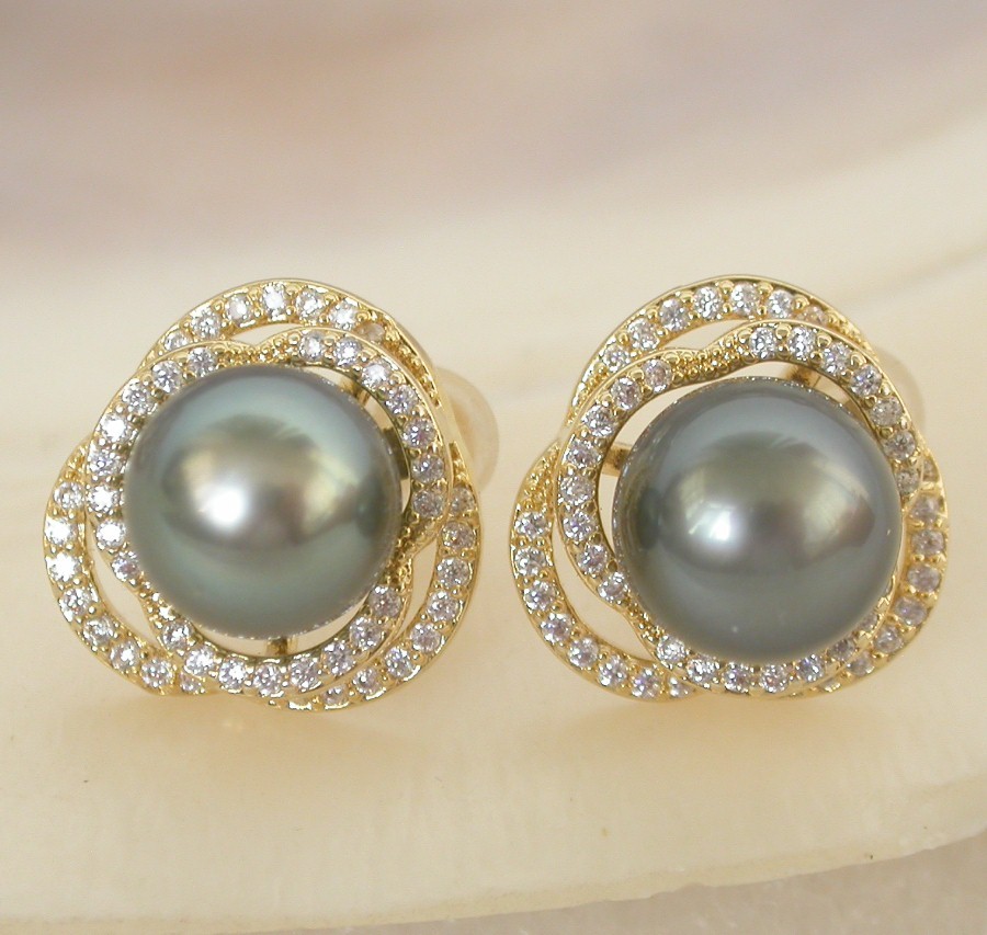 AAA natural Studs 15mm round South Sea black Tahitian pearls Earrings 925sc post c2187