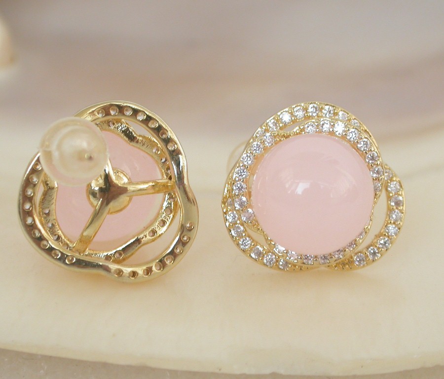 AAAA natural Studs 15mm round pink jade beads Earrings 925sc post c2191
