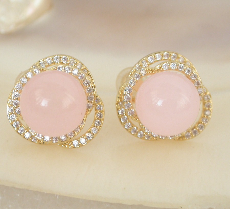 AAAA natural Studs 15mm round pink jade beads Earrings 925sc post c2191