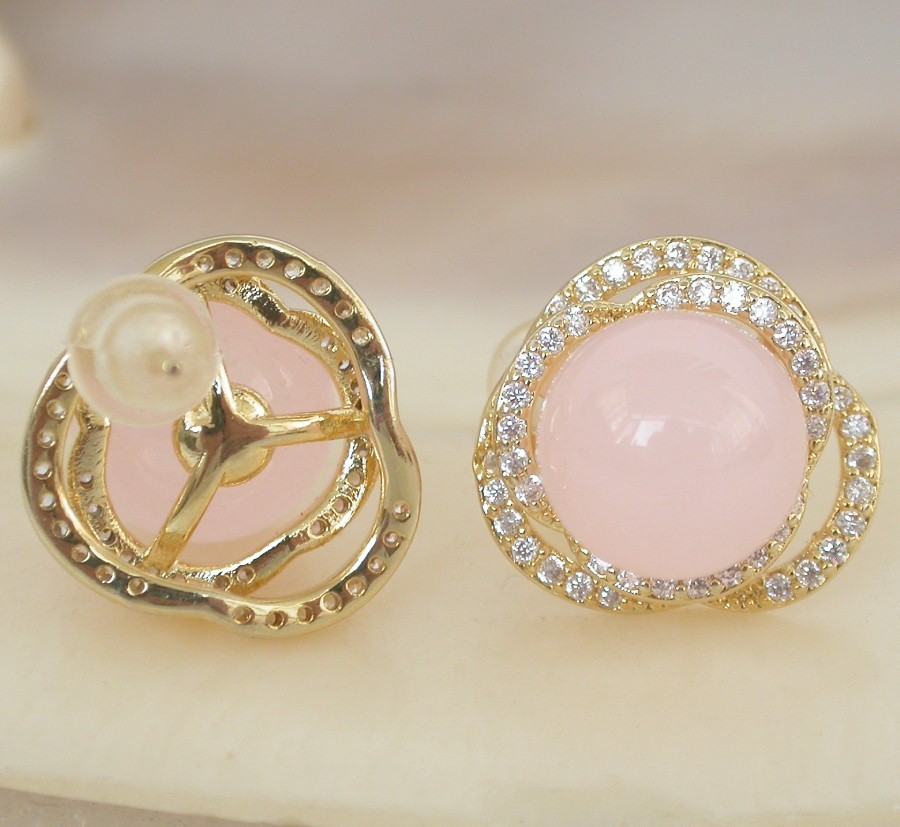 AAAA natural Studs 15mm round pink jade beads Earrings 925sc post c2191