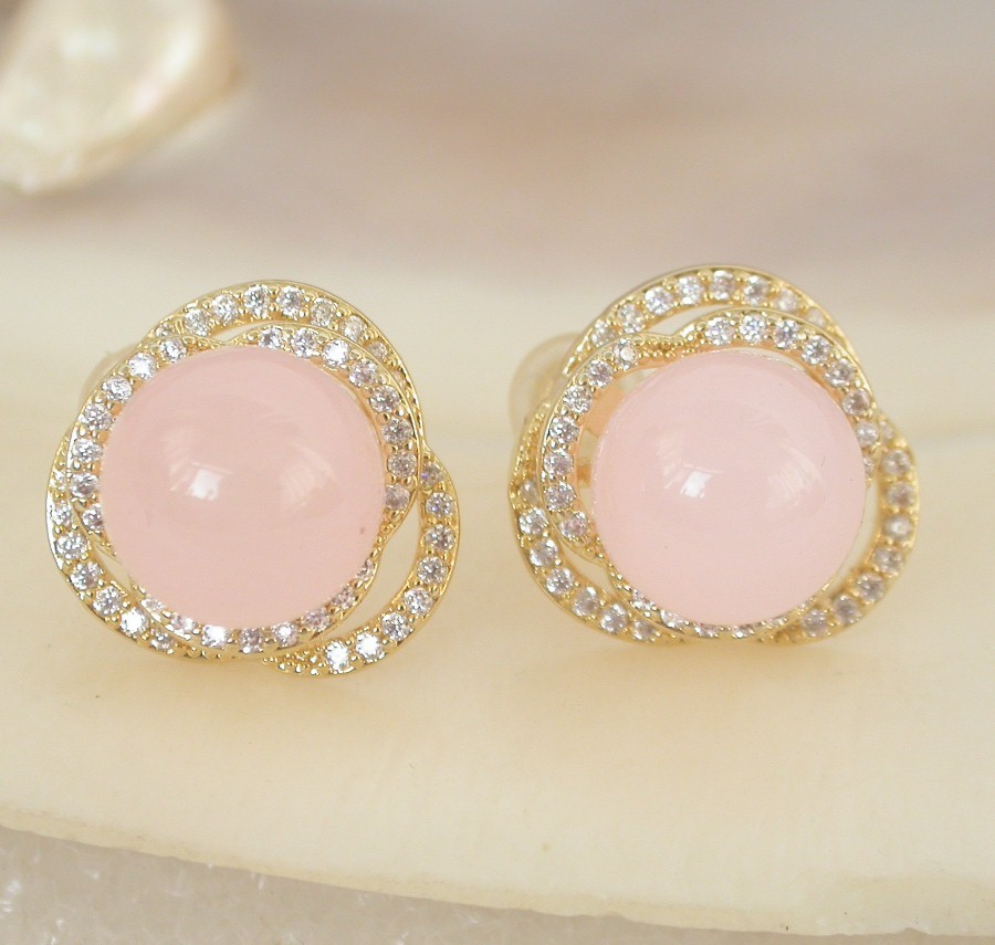 AAAA natural Studs 15mm round pink jade beads Earrings 925sc post c2191