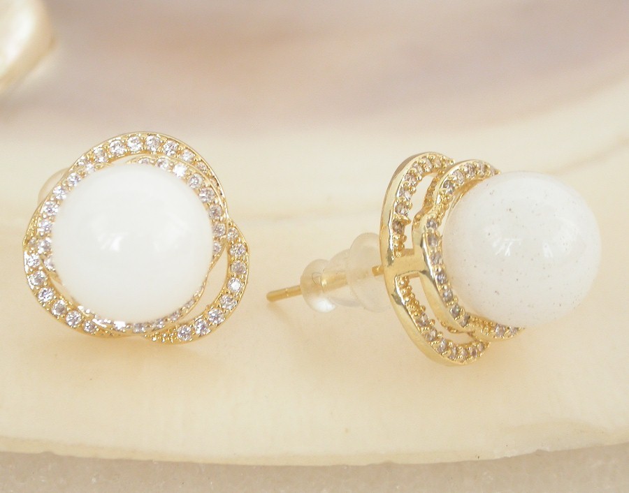 AAAA natural Studs 15mm round white jade beads Earrings 925sc post c2192