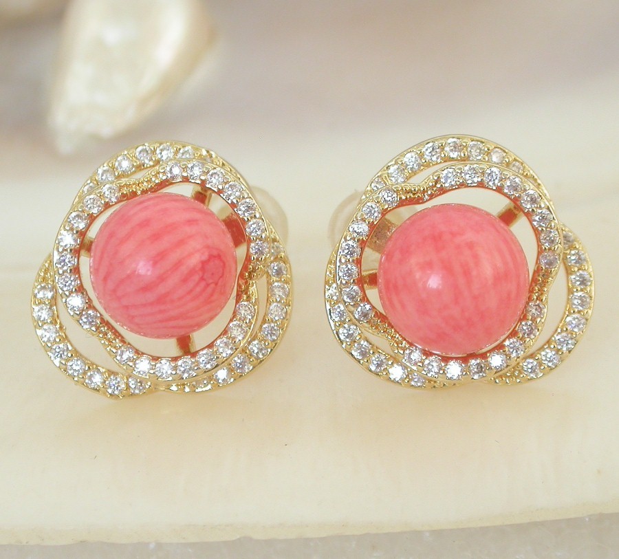 AAAA natural Studs 15mm round pink coral beads Earrings 925sc post c2194
