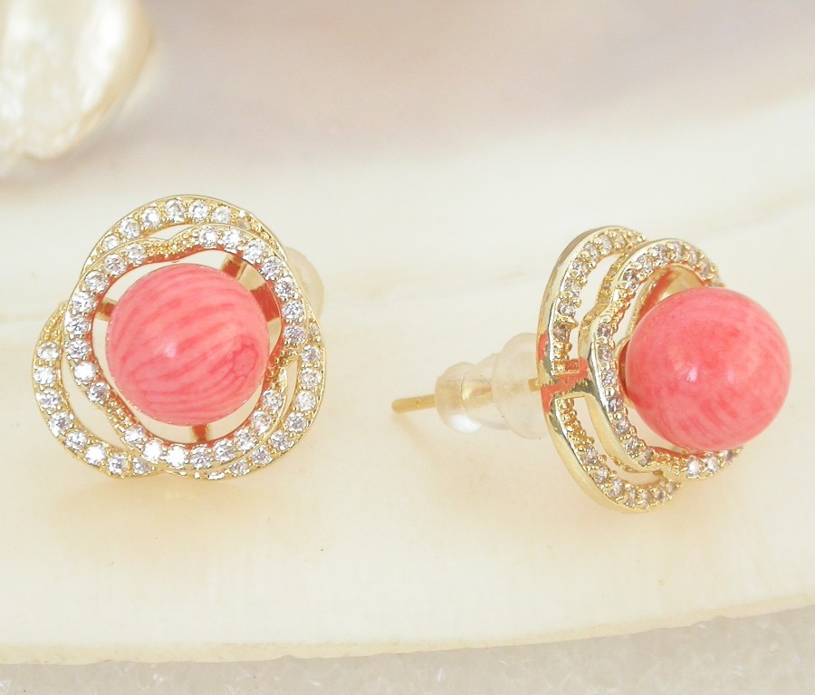 AAAA natural Studs 15mm round pink coral beads Earrings 925sc post c2194