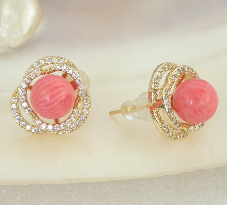 AAAA natural Studs 15mm round pink coral beads Earrings 925sc post c2194
