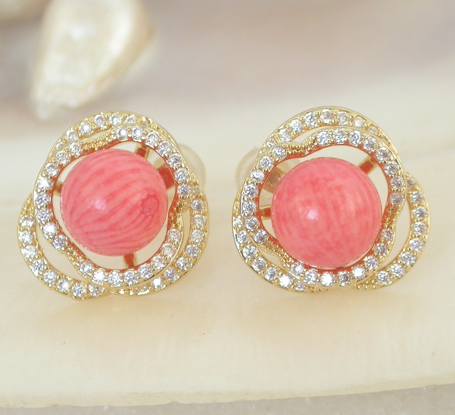 AAAA natural Studs 15mm round pink coral beads Earrings 925sc post c2194