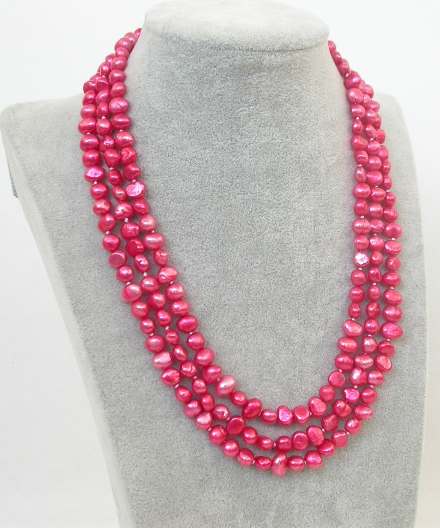 15"-17" 3row 8mm Baroque red freshwater pearl bead necklace 18KGP clasp c2196