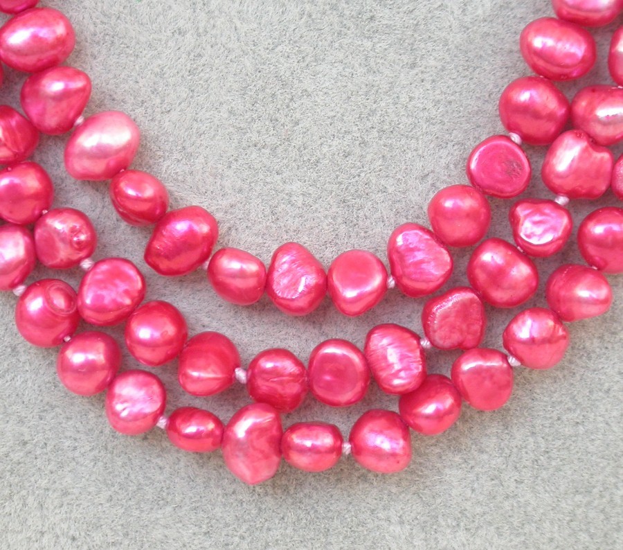 15"-17" 3row 8mm Baroque red freshwater pearl bead necklace 18KGP clasp c2196