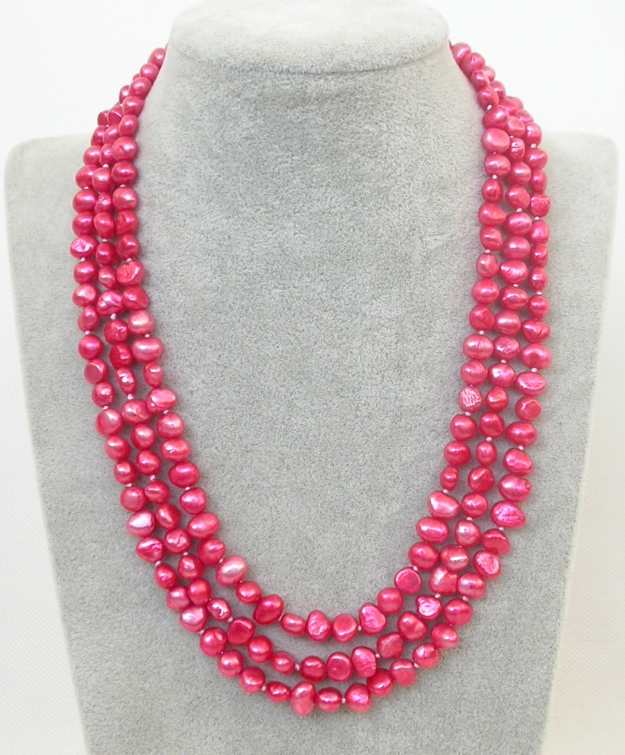 15"-17" 3row 8mm Baroque red freshwater pearl bead necklace 18KGP clasp c2196