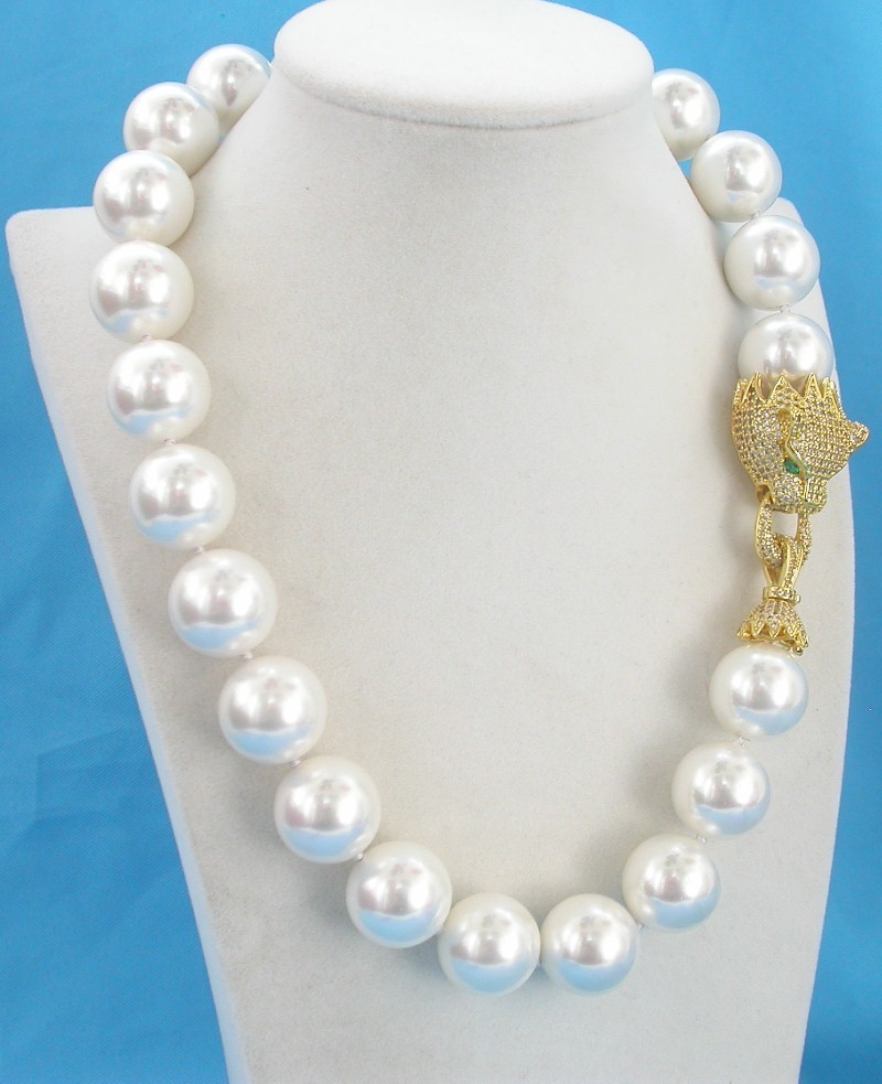 Selectable AAA 19" 12mm 14mm 16mm round white south sea shell pearls necklace panther clasp