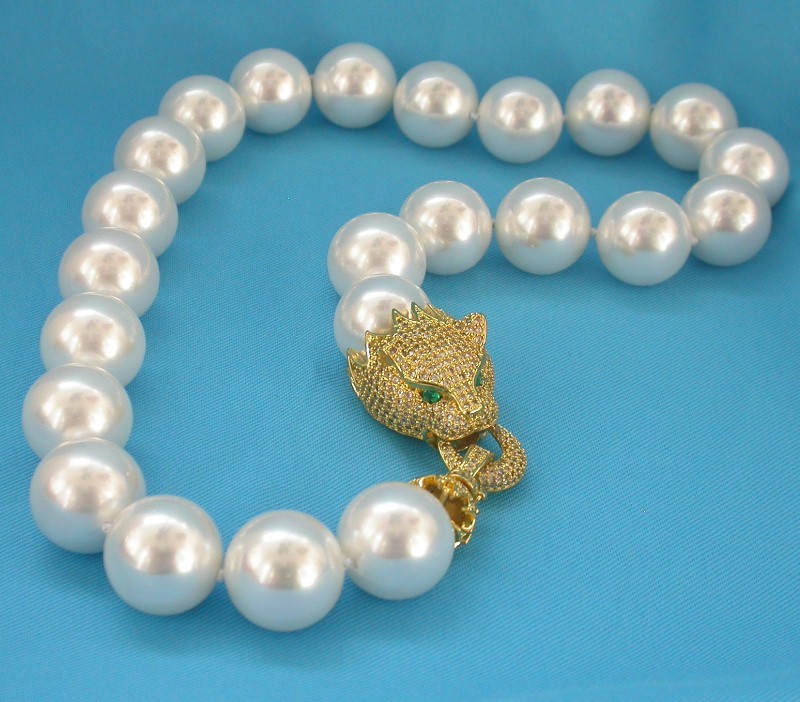 Selectable AAA 19" 12mm 14mm 16mm round white south sea shell pearls necklace panther clasp