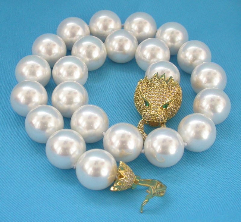 Selectable AAA 19" 12mm 14mm 16mm round white south sea shell pearls necklace panther clasp
