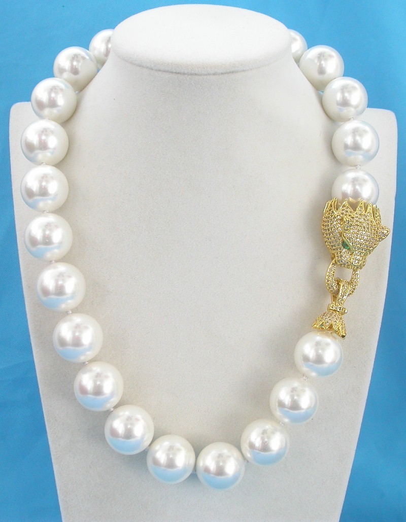 Selectable AAA 19" 12mm 14mm 16mm round white south sea shell pearls necklace panther clasp