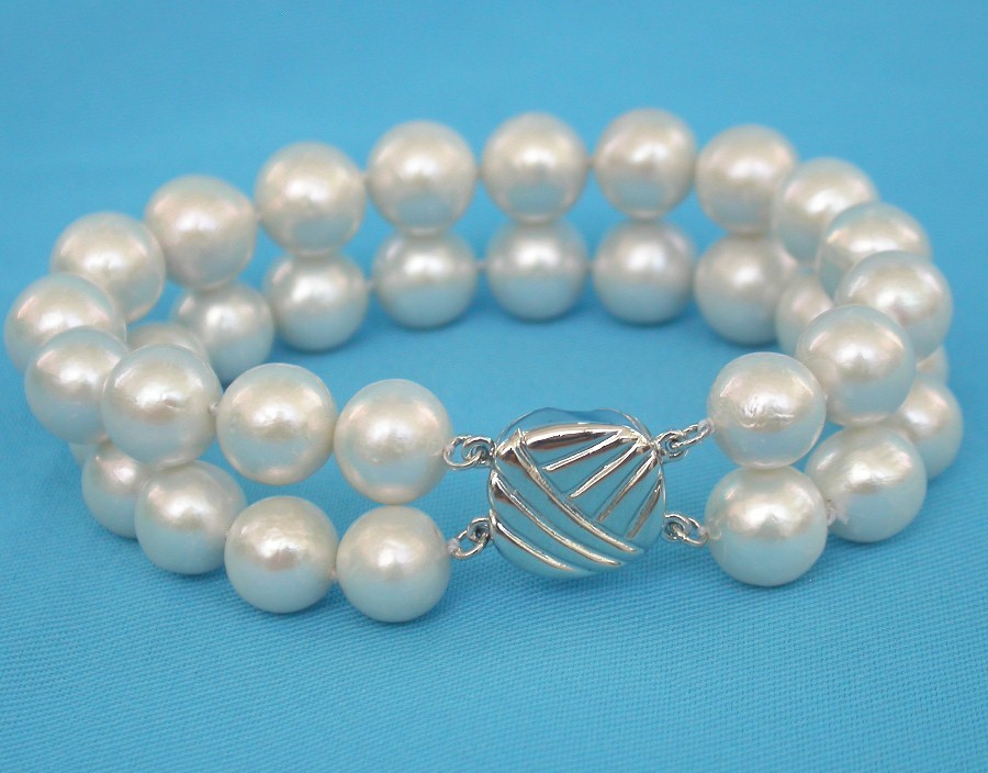 natural 8" 2row 11mm round white south sea pearl beads Strand Bracelet 925sc