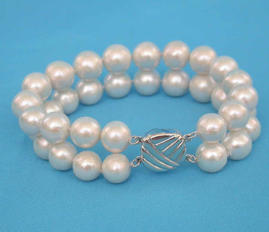 natural 8" 2row 11mm round white south sea pearl beads Strand Bracelet 925sc