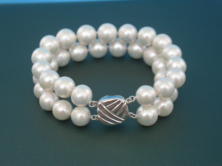 natural 8" 2row 11mm round white south sea pearl beads Strand Bracelet 925sc