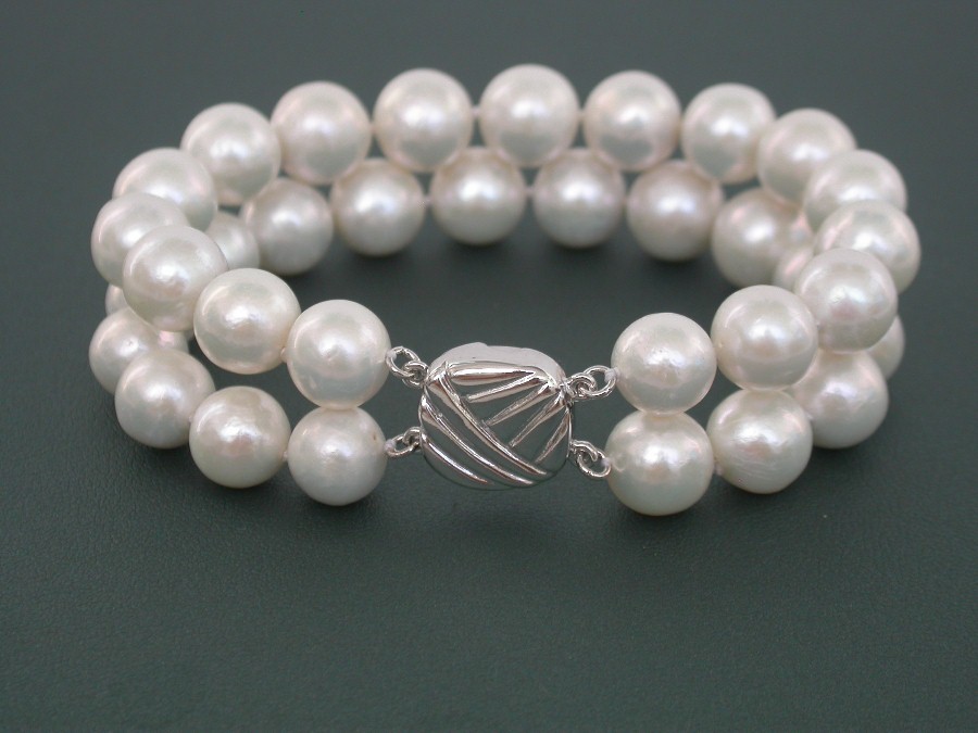 natural 8" 2row 11mm round white south sea pearl beads Strand Bracelet 925sc