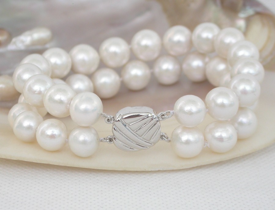 natural 8" 2row 11mm round white south sea pearl beads Strand Bracelet 925sc