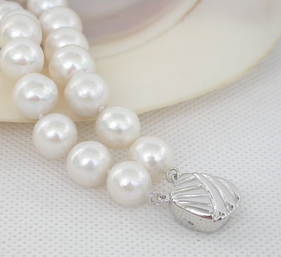 natural 8" 2row 11mm round white south sea pearl beads Strand Bracelet 925sc