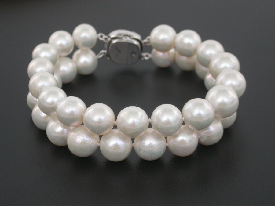 natural 8" 2row 11mm round white south sea pearl beads Strand Bracelet 925sc