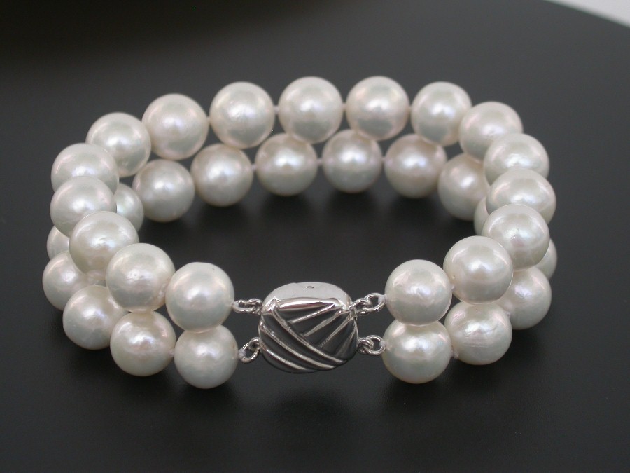 natural 8" 2row 11mm round white south sea pearl beads Strand Bracelet 925sc