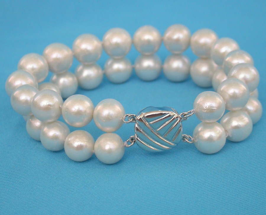 natural 8" 2row 11mm round white south sea pearl beads Strand Bracelet 925sc