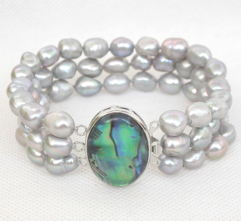 AAA 8" 3row 11mm Baroque gray pearl Multi Strand bracelet Abalone shell clasp