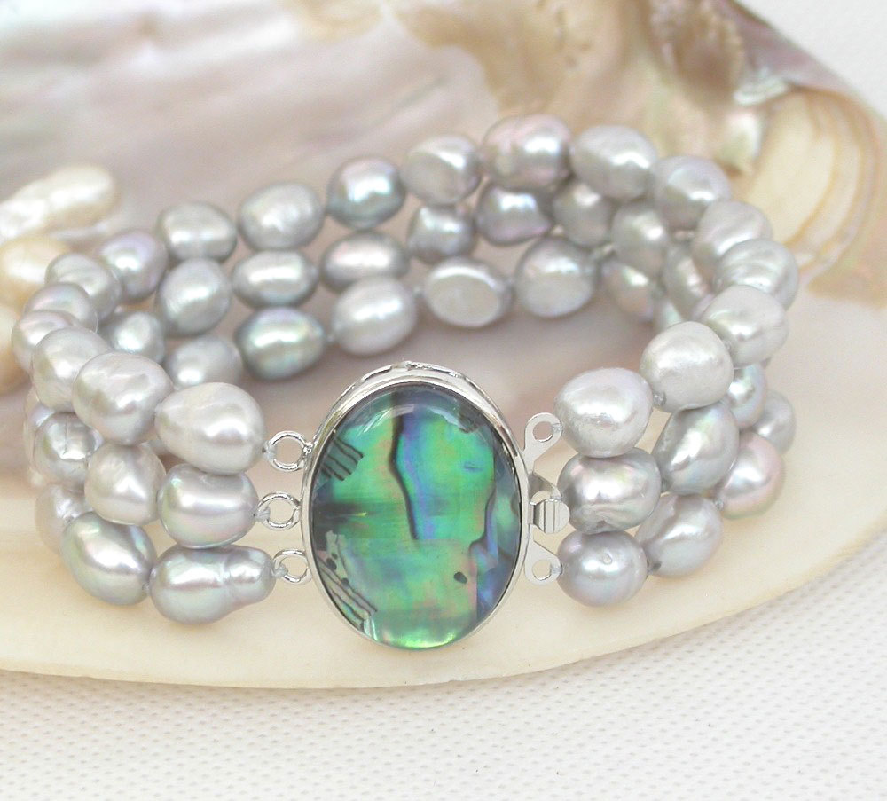 AAA 8" 3row 11mm Baroque gray pearl Multi Strand bracelet Abalone shell clasp