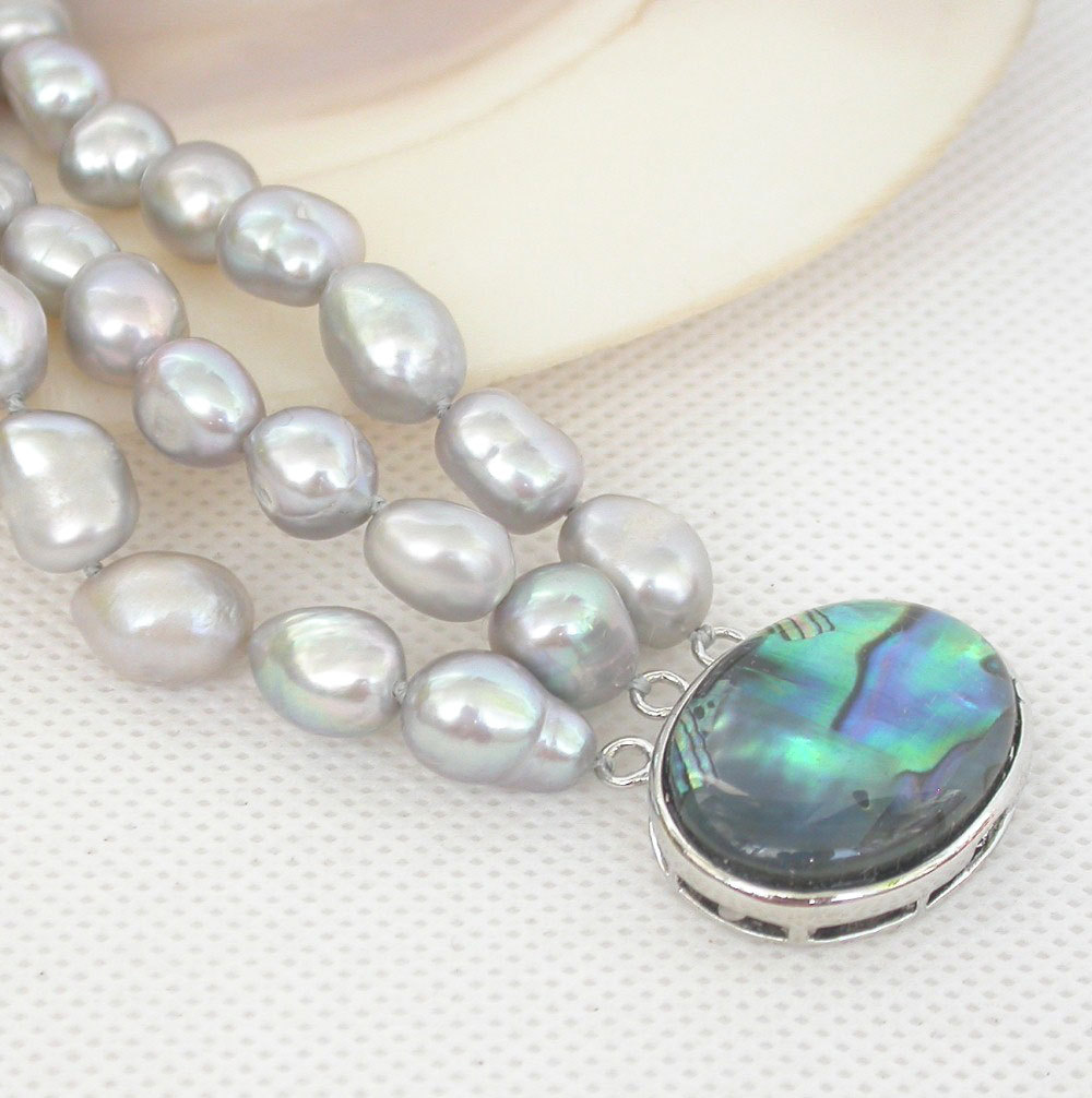AAA 8" 3row 11mm Baroque gray pearl Multi Strand bracelet Abalone shell clasp