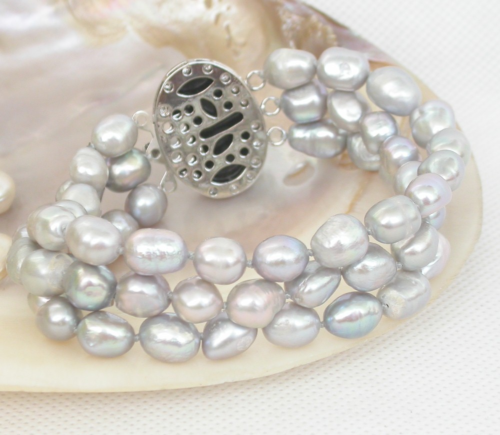 AAA 8" 3row 11mm Baroque gray pearl Multi Strand bracelet Abalone shell clasp