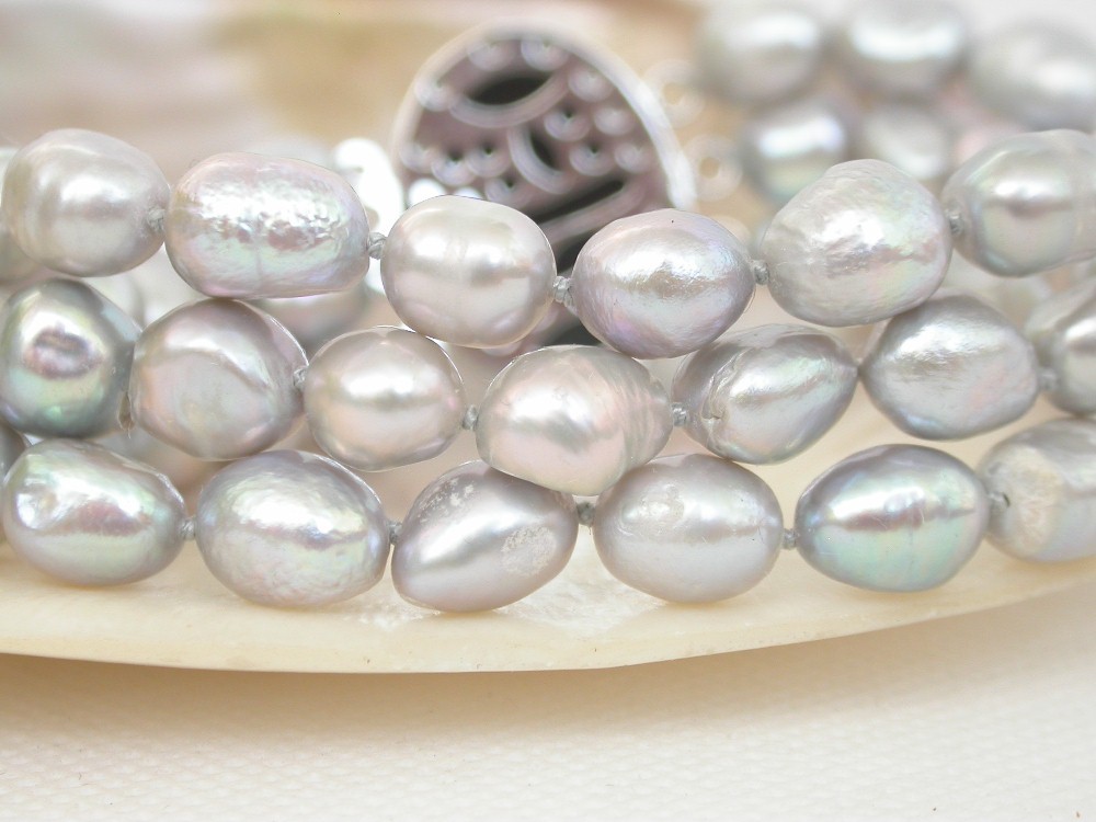AAA 8" 3row 11mm Baroque gray pearl Multi Strand bracelet Abalone shell clasp