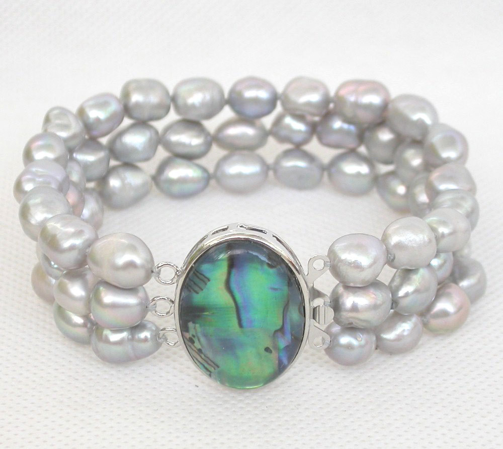 AAA 8" 3row 11mm Baroque gray pearl Multi Strand bracelet Abalone shell clasp