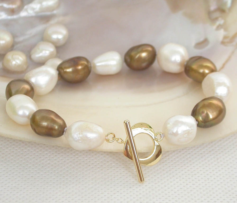Genuine 8" Baroque coffee White Multicolor freshwater pearl Beads bracelet 9K