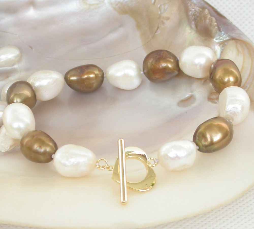 Genuine 8" Baroque coffee White Multicolor freshwater pearl Beads bracelet 9K