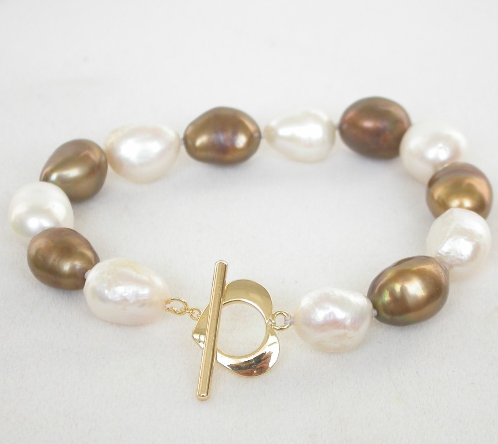 Genuine 8" Baroque coffee White Multicolor freshwater pearl Beads bracelet 9K